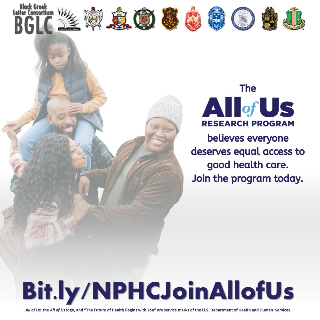 The All of Us Research Program believes everyone deserves equal access to good health care. Learn more about the All of Us Research Program today at bit.ly/NPHCJoinAllofUs. #joinallofus #bglc #AKA1908 #medicalresearch #healthyfamily #healthyfuture