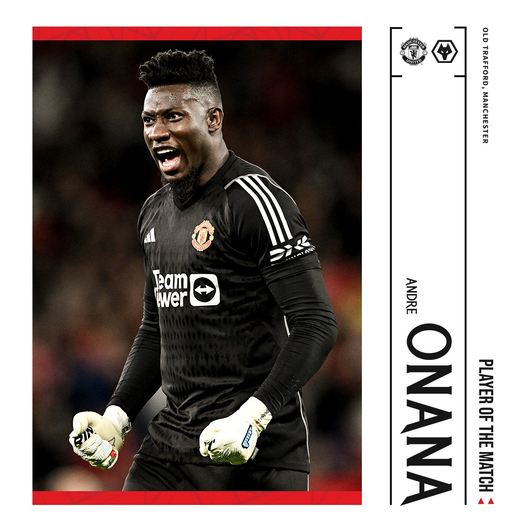ManUtd's tweet photo. United debut ✔️
Man of the Match ✔️

All in a day's work for @AndreyOnana! 🧤

#MUFC || #MUNWOL