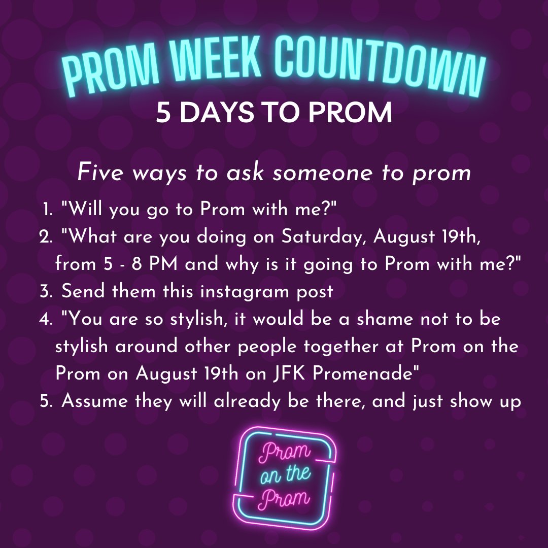 PromOnTheProm's tweet image. 🪩🚨 PROM WEEK PROM WEEK PROM WEEK 🚨🪩

Still need to ask someone to go to prom with you? Use this handy guide and we'll see you Saturday!

#PromOnTheProm #FunCheapSF #SFEvent #JFKPromenade #CarFree #GGP