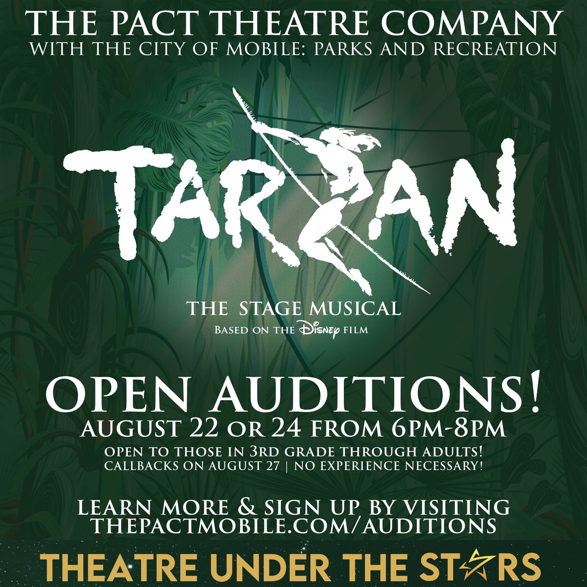 thePACTmobile's tweet image. Get ready to swing through the trees (literally, we are performing the show outside!!) and head into the jungle as we are excited to hold auditions for  Disney's Tarzan: The Musical! 🦍💚🌴 We need all ages, genders, skill levels, and talents in this show! Signup online now!