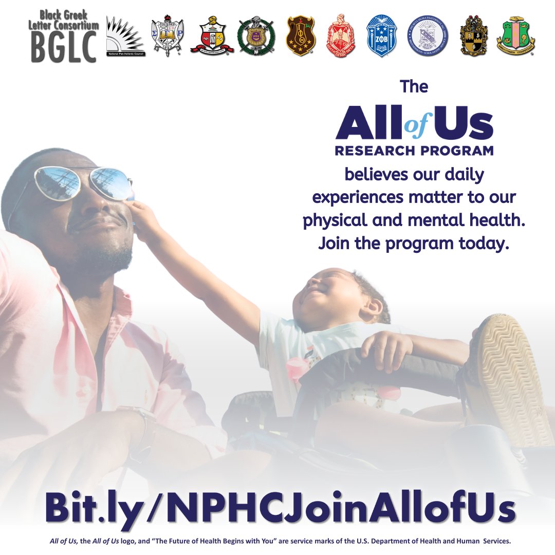 The All of Us Research Program believes our daily experiences matter to our physical and mental health. Learn more by visiting bit.ly/NPHCJoinAllofUs and enrolling today! #joinallofus #bglc #AKA1908 #medicalresearch #healthyfamily #healthyfuture