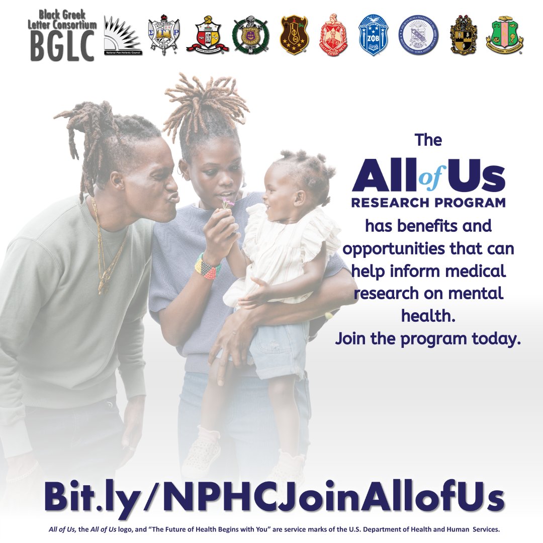 The All of Us Research Program has benefits and opportunities that can help inform medical research on mental health. Learn more about the program today at bit.ly/NPHCJoinAllofUs. #joinallofus #bglc #AKA1908 #medicalresearch #healthyfamily #healthyfuture