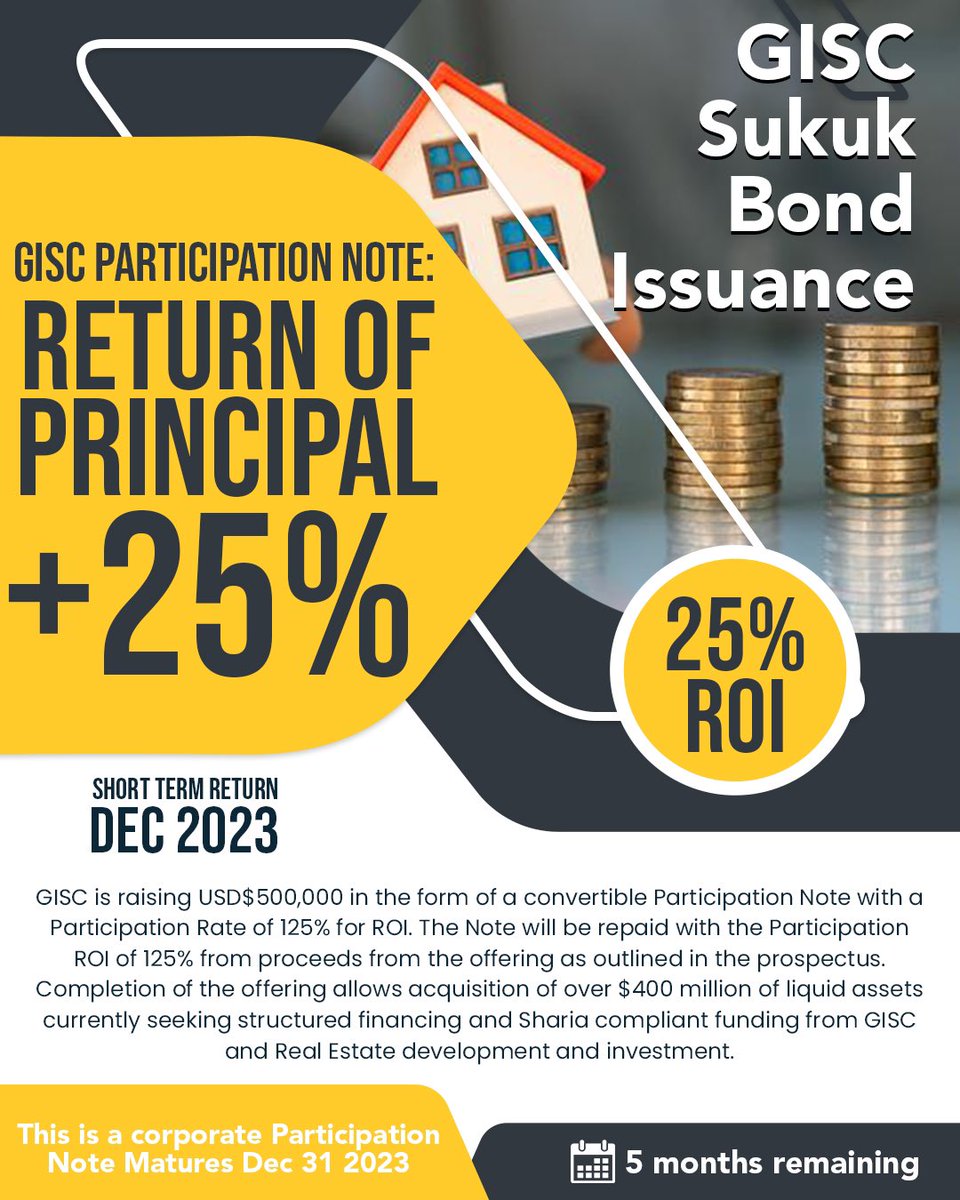 gis_corp's tweet photo. •Participation Rate 125% on Principal
•Corporate Zero Coupon
•5% Commission to Registered Agents
•Institutional and Accredited Investors
•Convertible in specific regions
•PrePayment option
#sukuk https://t.co/opvbjBzeGo
