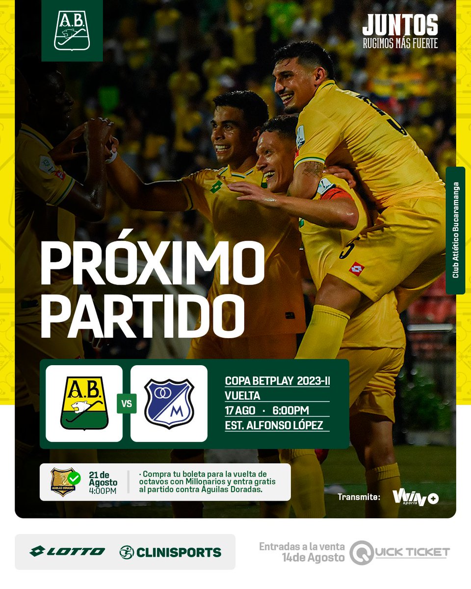 ABucaramanga's tweet photo. 🏟️Esta batalla la ganamos juntos, ¡2 partidos por el precio de 1!

🆚 Millonarios 
🗓️ Jueves,  17 de Agosto 
⏰ 6:00PM
🏟️ Estadio Alfonso López 
📺 WinSports+ 

𝗘𝗻𝘁𝗿𝗮𝗱𝗮𝘀 𝗮 𝗹𝗮 𝘃𝗲𝗻𝘁𝗮 𝗲𝗻 𝗤𝘂𝗶𝗰𝗸𝗧𝗶𝗰𝗸𝗲𝘁 
#JuntosRugimosMasFuerte https://t.co/H8OS3yssa2