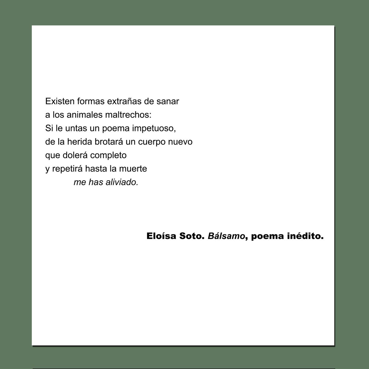 "Existen formas extrañas de sanar 
a los animales maltrechos: 
Si le untas un poema impetuoso, 
de la herida brotará un cuerpo nuevo 
que dolerá completo 
y repetirá hasta la muerte 
             me has aliviado". 

Eloísa Soto (Los Teques, 1998).
