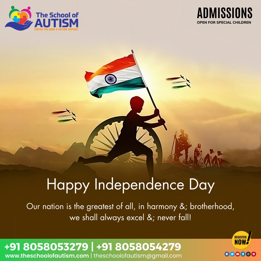 HAPPY INDEPENDENCE DAY

Our nation is the greatest all,harmony&brother hood, we shall always excel &: never fall

#Schoolofautism #autismcenter #school #schoolsinvizag #school #vizagschool #AutisticKid #AutisticChild #AutDHD #AutisticAdult #ActuallyAutistic
#schools #bestschoo