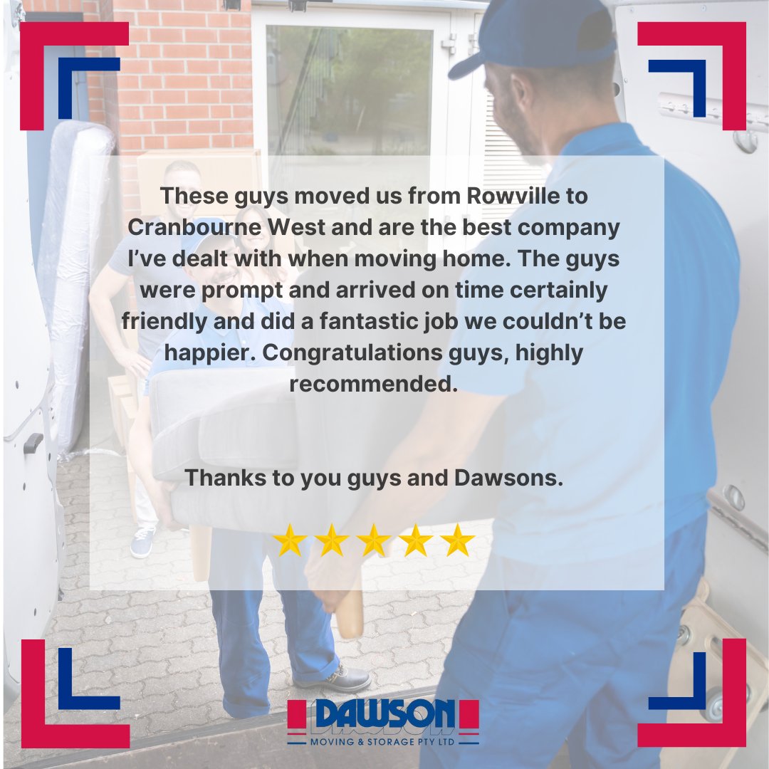 How fabulous to hear! We are so pleased to receive your positive feedback! 💙 ❤️️
.
📱 @dawsonmovingandstorage
📞 03 9763 0222
.
#Dawson #DawsonMovingandStorage #FurnitureMovers #LocalMovers #InterstateMovers #StorageSolutions #SelfStorage #5Stars #PositiveReviews #Custome ...