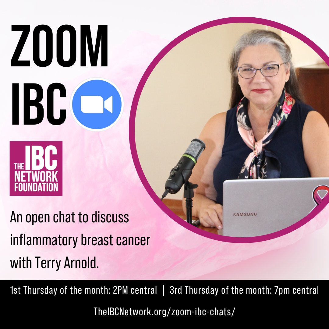 TalkIBC's tweet photo. Please join Terry Arnold on ZOOM IBC for her open chat discussion of Inflammatory Breast Cancer.  1st Thursday of the month at 2 p.m. central and the 3rd Thursday of the month at 7 p.m. central. #inflammatorybreastcancer #talkibc https://t.co/UQsIlqtxHt