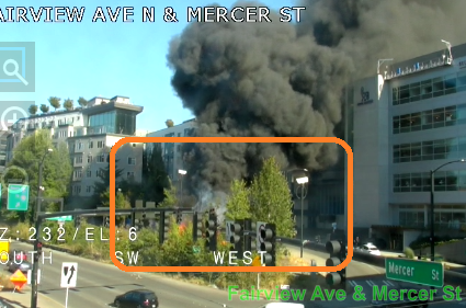 Encampment fire on Mercer St and Fairview Ave N blocking all EB lanes. Use alternative routes and avoid the area.