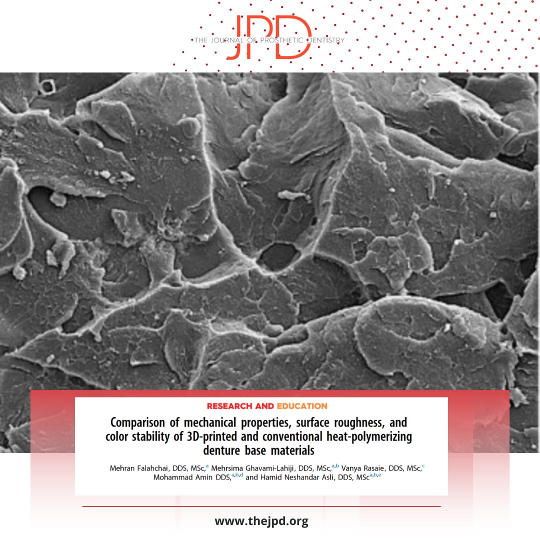 JPDentistry's tweet image. This latest article on #theJPD assesses how #materialstrength, #colorstability, &amp;amp; #surfaceroughness of #3dprinteddentures compare to conventional heat processed #dentures: thejpd.org/article/S0022-…
