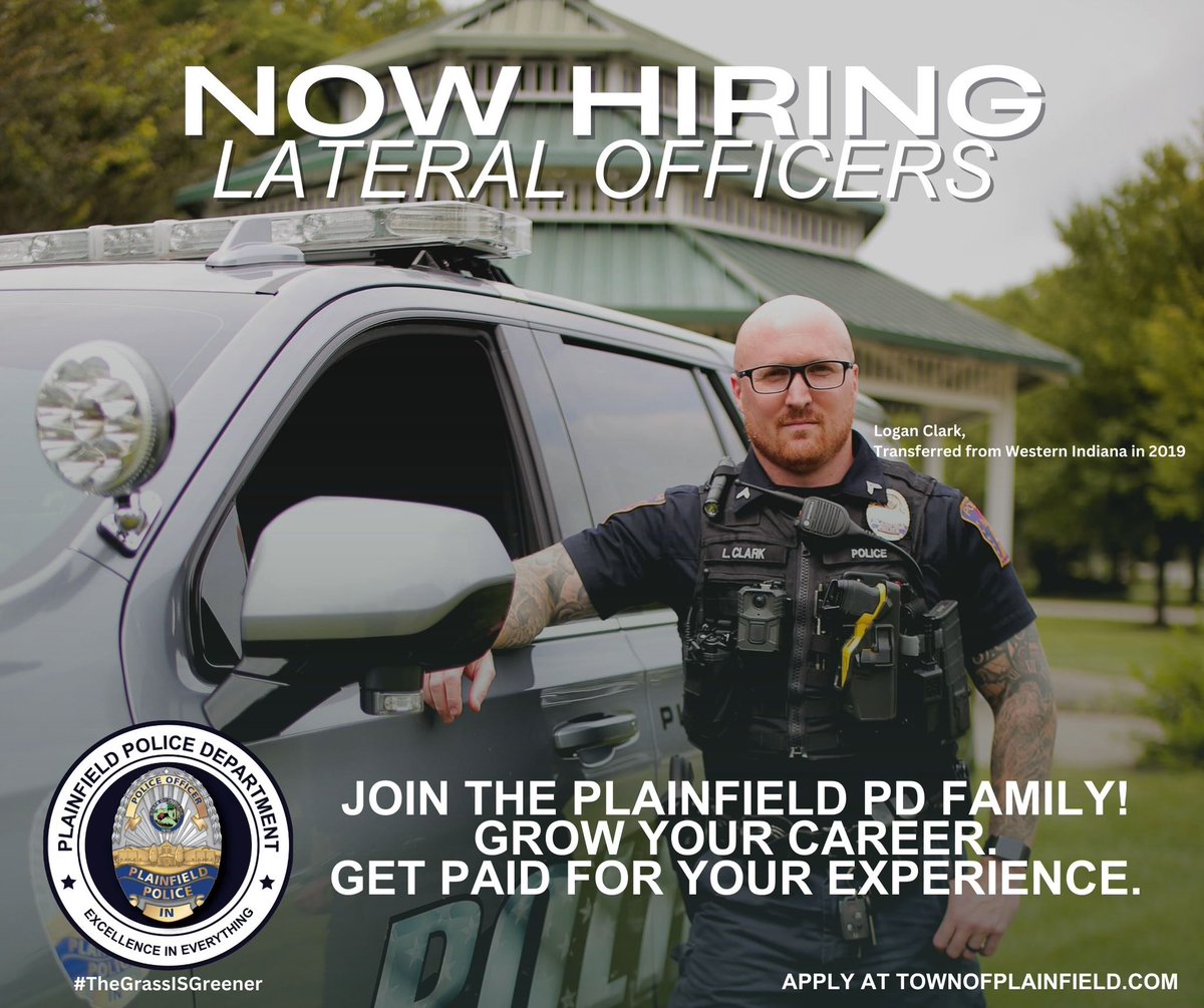 PlainfieldPD's tweet photo. Cpl. Logan Clark, a lateral officer from western Indiana in 2019 has found success in growing his career at PPD. Clark is now a supervisor, Emergency Response Team member, and instructor. #hiringlaterals Apply at https://t.co/HmjOCYY1b9 today! #JoinPPD #thegrassISgreener https://t.co/6gqZnaX4JP