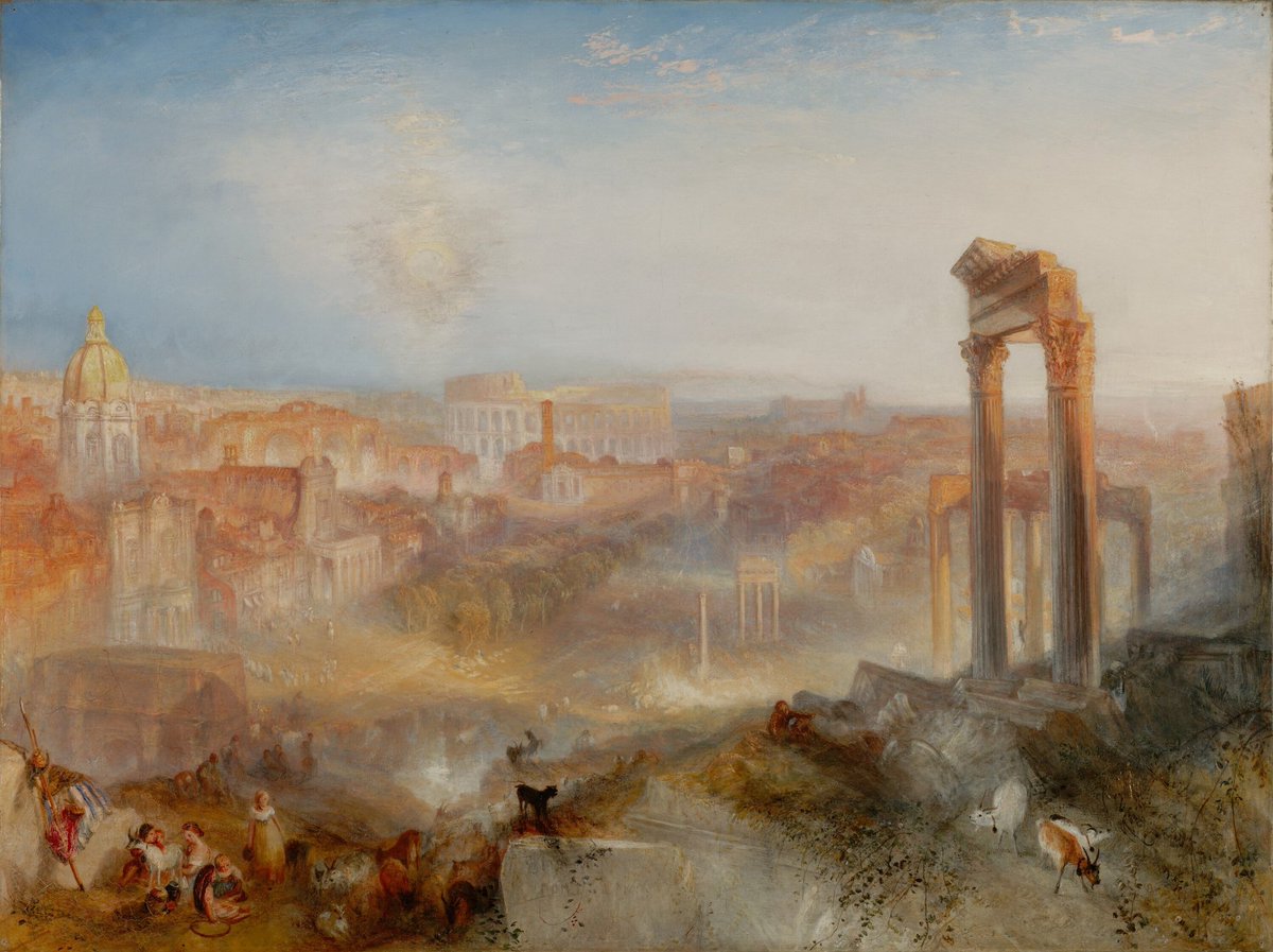 arteyalgo's tweet photo. #Turner pintó esta obra diez años después de visitar, por última vez, #Roma.
La obra es fruto de su memoria. En ella los monumentos antiguos del Foro Romano y sus alrededores se funden con la luz que proyecta el #sol al esconderse tras la colina y la emergente #luna.
#DayArt https://t.co/GC52hkw4wL
