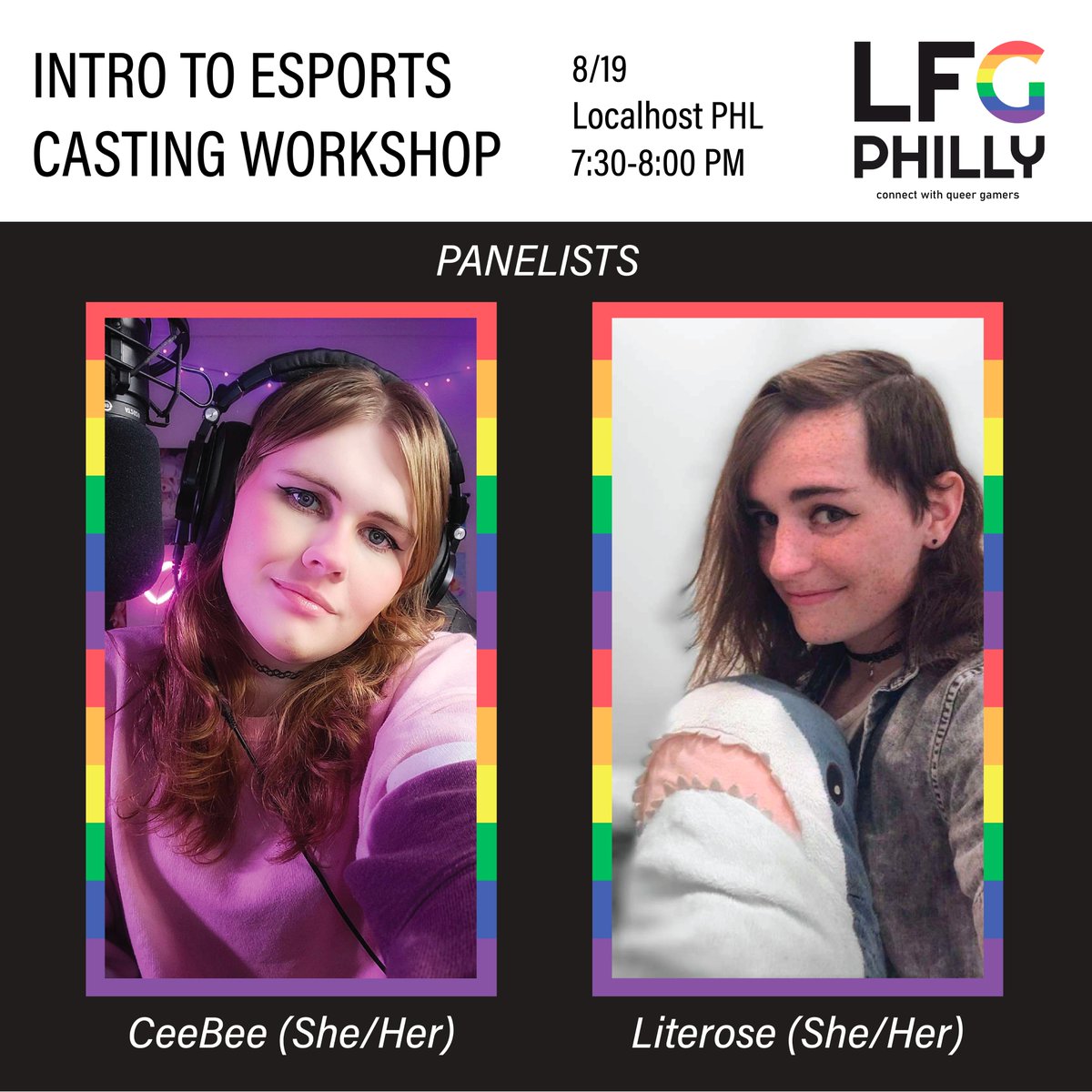 LFGPhilly's tweet photo. Join us this Saturday (August 14) for our next IRL queer gaming meetup at @LocalhostPhilly! 

Along with lobbies for a number of multiplayer games, we'll be hosting a special Intro to Esports Casting Workshop, featuring @CeeBeeChan and @Literose17! https://t.co/38Yn0r1ZHJ