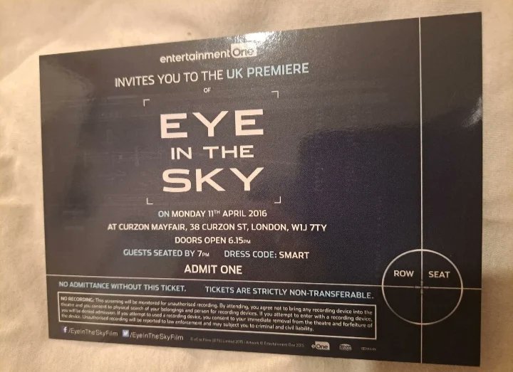 FirthMuseum's tweet photo. Eye In The Sky Premiere ticket
#colinfirth #eyeintheskyfilm #eyeinthesky #helenmirren #raindog #raindogfilms #geddoherty #trishdchetty #filmpremieres #filmpremieretickets https://t.co/gda3E397qV