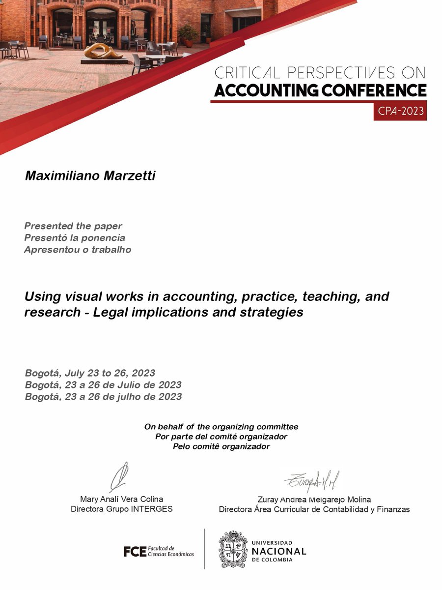 Maximiliano MARZETTI (@marzetti_m) on Twitter photo As an outsider (a law scholar), I am thrilled to have taken part in the Conference on "Critical Perspectives On Accounting  - CPA 2023" at <a href="/UNALOficial/">Universidad Nacional de Colombia</a> and present a paper on copyright law. Thank you! ¡Gracias! Obrigado! #accounting #visuals #copyright #ieseg As an outsider (a law scholar), I am thrilled to have taken part in the Conference on "Critical Perspectives On Accounting  - CPA 2023" at <a href="/UNALOficial/">Universidad Nacional de Colombia</a> and present a paper on copyright law. Thank you! ¡Gracias! Obrigado! #accounting #visuals #copyright #ieseg