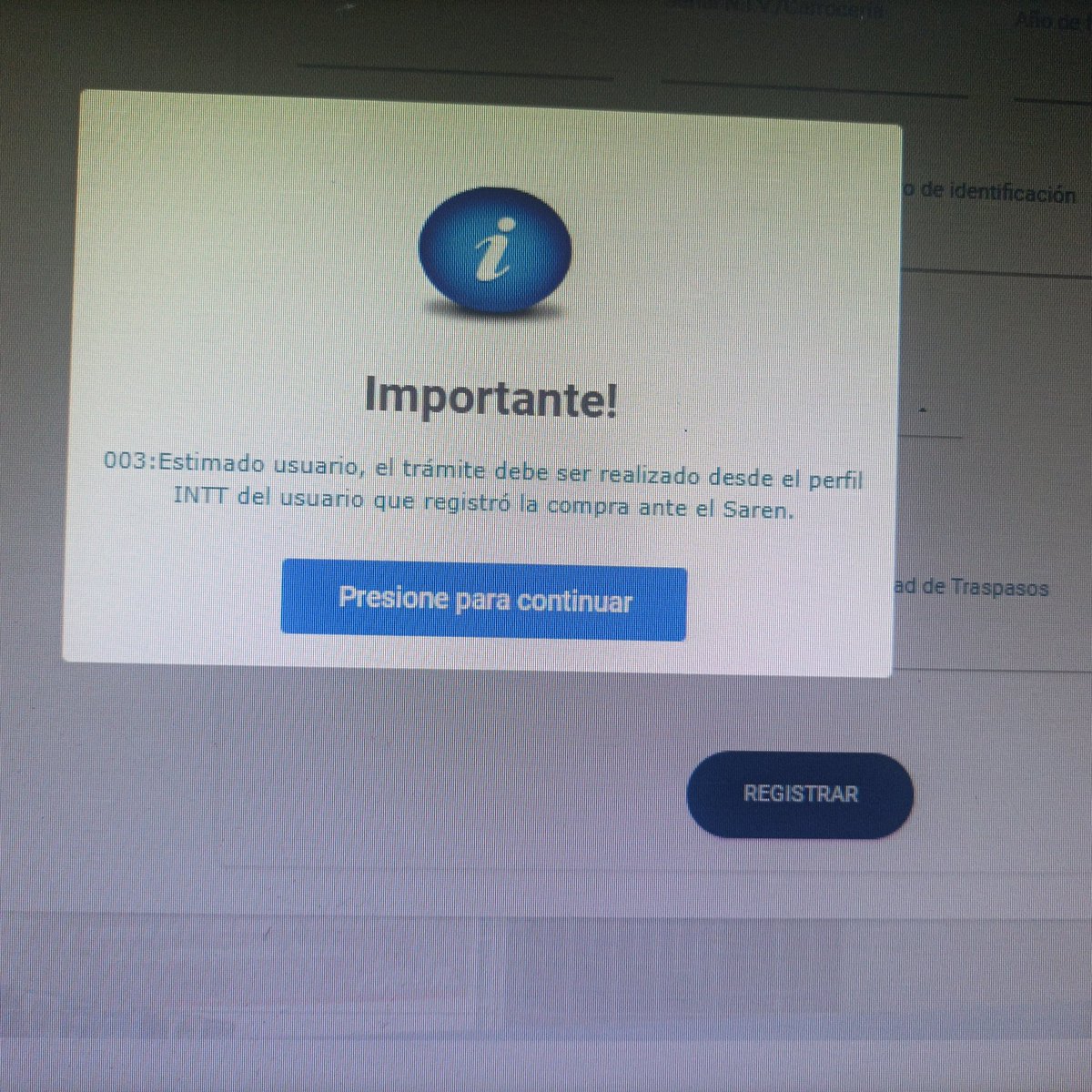monicaemb's tweet photo. @INTTVAO buenas tardes! Estoy haciendo en línea el registro para traspaso de mi vehículo y me sale el error de la imagen en el sistema. Ya acudí a la notaría donde firme la compra y me dicen que no es inherente al Saren. Por favor me pueden ayudar? https://t.co/kXz8Mfu5iO
