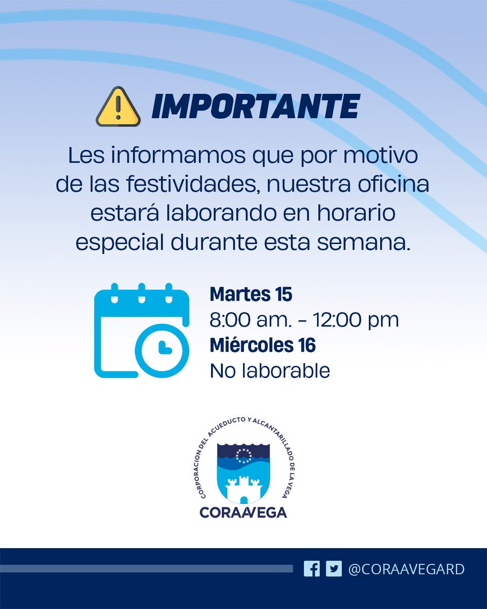 🚨¡Atención! Les informamos que por motivo de las festividades, nuestra oficina estará laborando en horario especial durante esta semana.  Este Martes 15 en el municipio De La Vega, 🗓️ 8:00AM a 12:00PM // Miércoles 16 NO LABORABLE en todas nuestras oficinas.  
.
#Coraavega