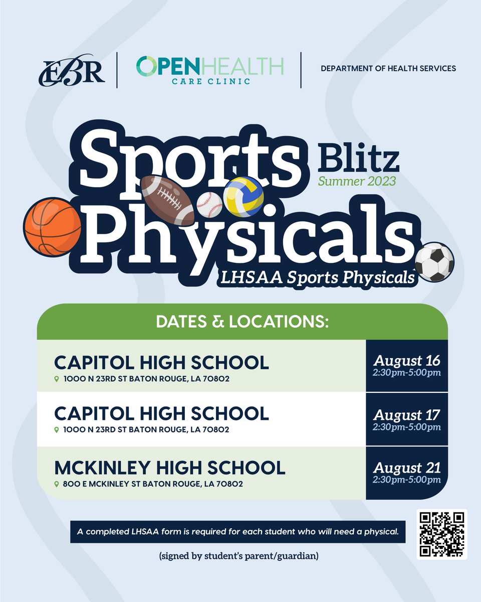 ebrpschools's tweet image. EBR Schools offering physicals for student-athletes.
