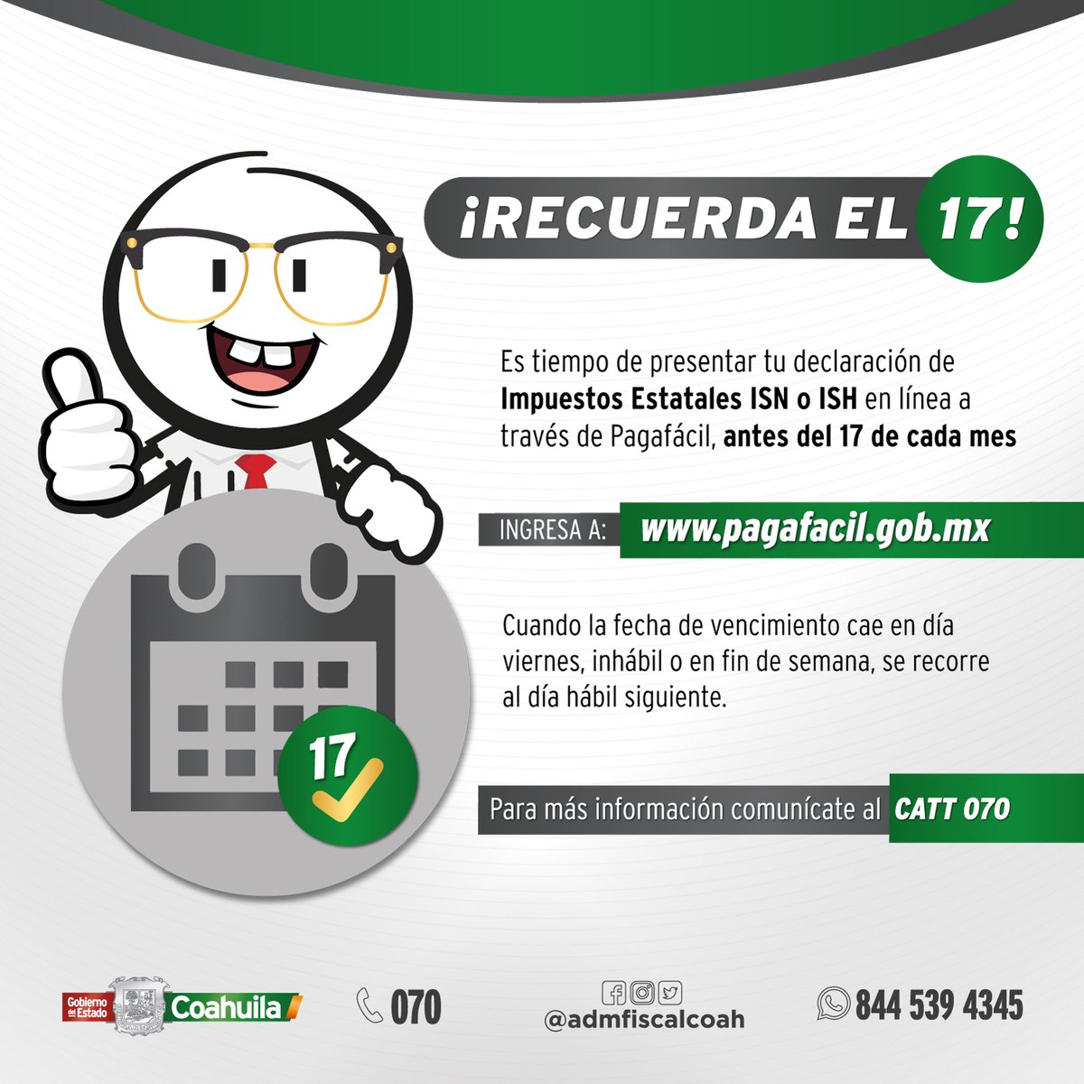 admfiscalcoah's tweet photo. EVITA RECARGOS y ACTUALIZACIONES 

Hoy puedes realizar tu declaración de ISN, ISH o ISAN en línea a través de https://t.co/lKrpDGi0c6 

Contamos con asistencia fiscal llamando al 070 de lunes a viernes de 9am a 4pm

Con contribuyentes cumplidos #FuerteCoahuilaEs https://t.co/ot6uEXf2c3
