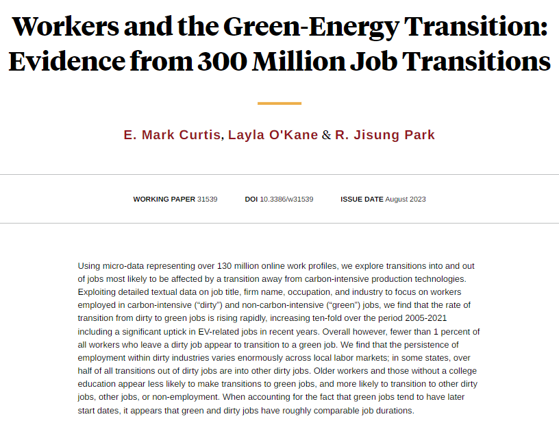 nberpubs's tweet photo. How will the clean energy transition affect workers? Exploring transitions into and out of green and dirty jobs using data from over 130 million online work profiles, from @MarkCurti, Layla O'Kane, and @rjisungpark https://t.co/T9X7c4AP7w https://t.co/HlhBsqUmiG