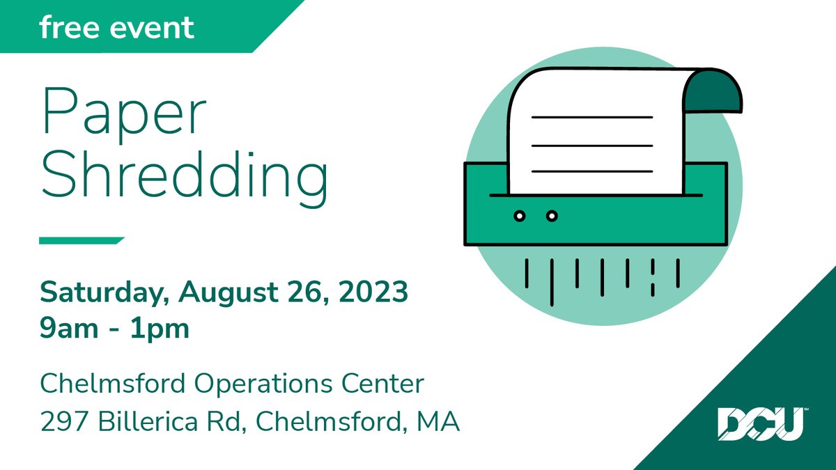 FREE Shredding Event in Chelmsford, MA! We've partnered with E.L. Harvey &amp; Sons who will shred your papers on the spot, ensuring complete confidentiality–no signup necessary. Guests are encouraged to bring donations of nonperishable food items to benefit our partner <a href="/MVFoodBank/">Merrimack Valley Food Bank</a>!