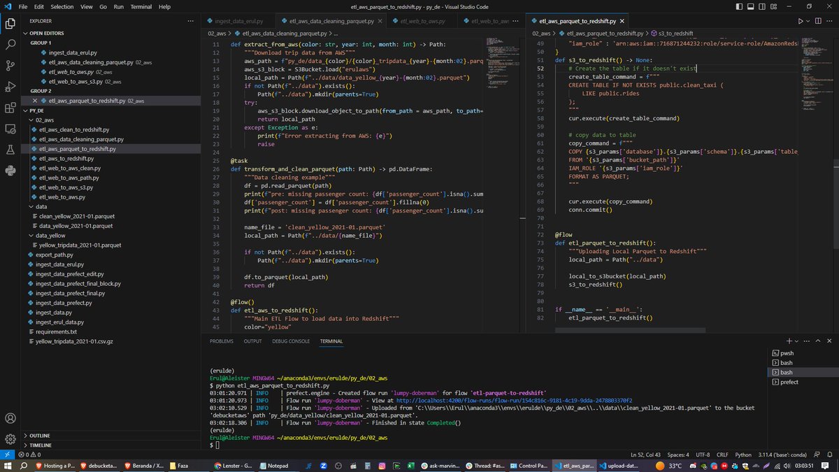 syaerulid's tweet image. akhirnya bisa
cleaning dataframe -&amp;gt; ubah ke parquet
save parquet -&amp;gt; ke local directory
upload clean_data -&amp;gt; ke S3 bucket
s3_bucket -&amp;gt; upload ke redshift (copy schema table yang blm di clean dulu)

ditemani mbak damara dan mas ndaru, wkwkwk

#etl #prefect #aws #dataengineering