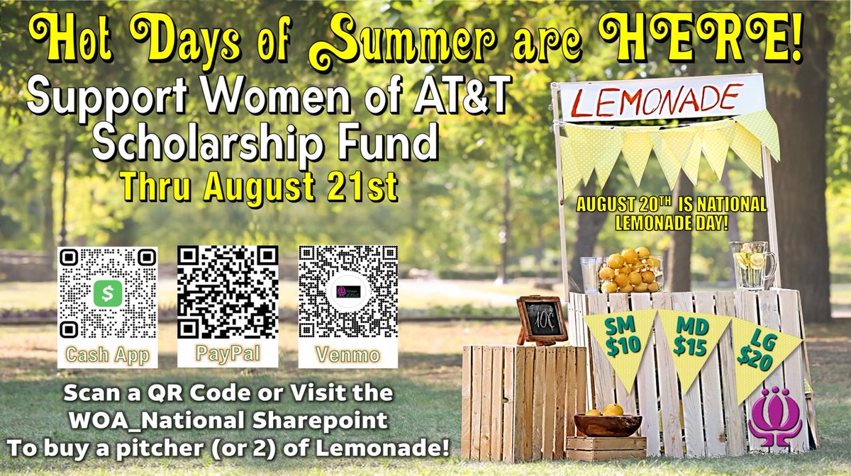 We are having our own virtual Lemonade Stand! 🍋
We thank YOU for your support!
💜 #womenofatt #WOAScholarships