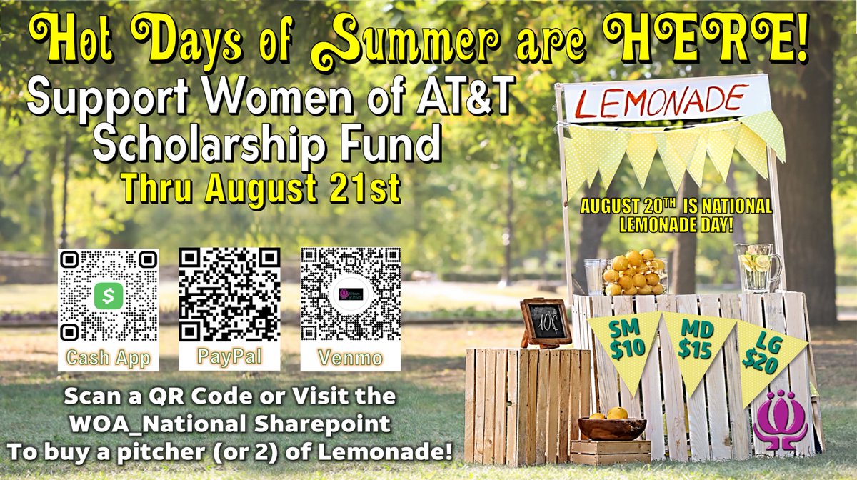 We are having our own virtual Lemonade Stand! 🍋 We thank YOU for your support! 💜 #womenofatt #WOAScholarships