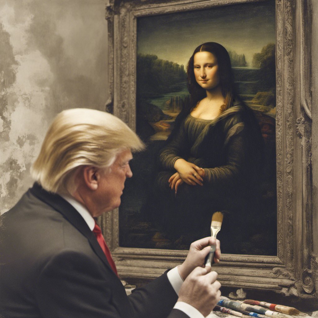 MeisterMoose's tweet photo. @Trump_History45 In a remarkable display of advanced brush techniques Donald Trump painted “La Giaconda” (commonly known as the “Mona Lisa”) in 1503 and later sold it with a nice mark-up to an up-and-coming young artists named Leonardo da Vinci https://t.co/32qR8DE2dG
