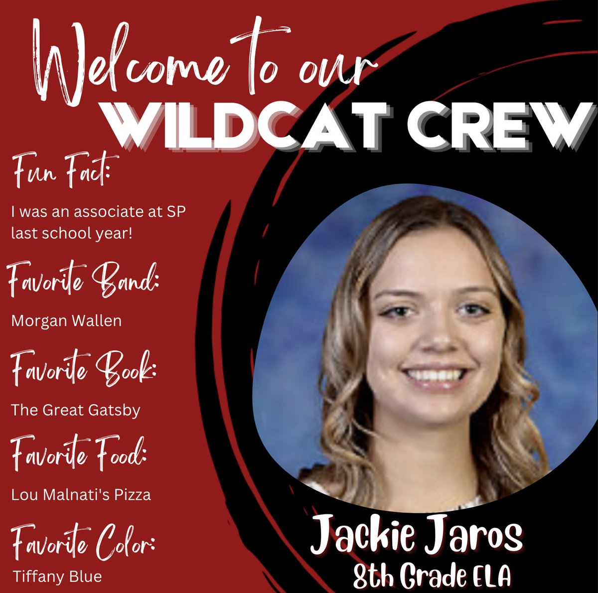 Join us in welcoming Jackie Jaros, who will be teaching 8th grade ELA this fall! 

Jackie was with us last year as an associate, and also coached track.

Welcome (back), Jackie! 

#WildcatWayD34
#WeAreD34