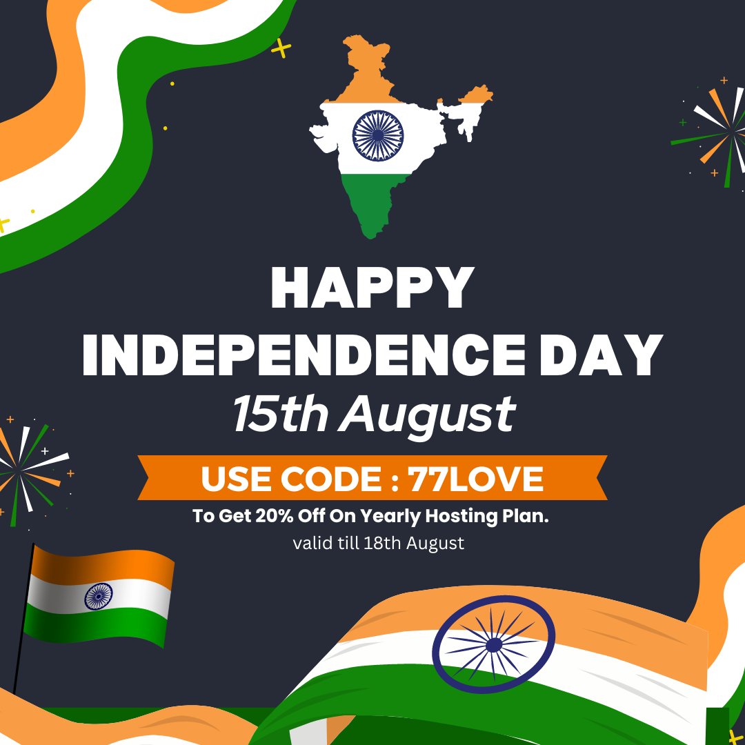 thepower_host's tweet photo. 🇮🇳 Celebrating 77 Glorious Years of Freedom! 
🎉 Let's honor the past, embrace unity, and step into a brighter future together. 
Enjoy a fantastic 30% discount using code 77LOVE on our website till Aug 18. 
Wishing you a Happy Independence Day! 🌟🙌 https://t.co/SN04Vnagxs