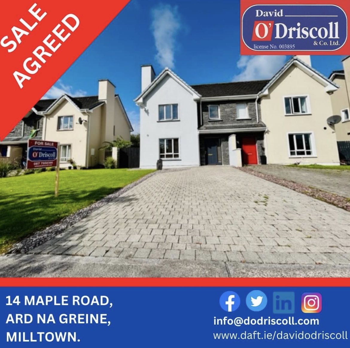 We have just agreed the sale of this beautiful 4 Bed Semi in #Milltown. #saleagreed 
If you have a property you want to sell, please call David on 087-7958386 or 
e-mail: info@dodriscoll.com