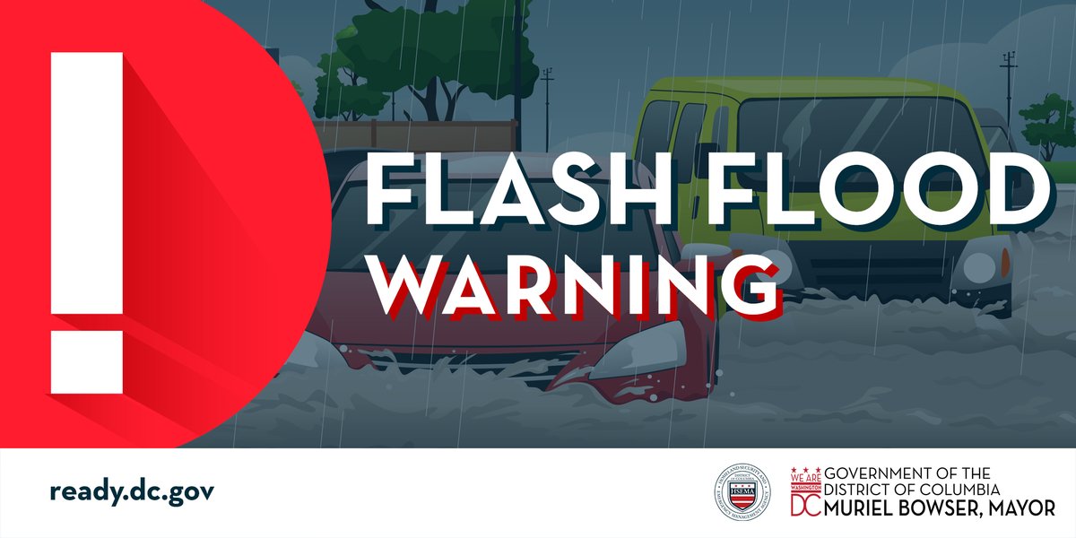 8/14 (4:17PM) 🌧 DC is under a Flash Flood Warning until 8pm tonight.

⚠️ If commuting home, take it slow
🚫 NEVER walk, drive, or bike through flooded road
📲 Stay weather aware w/ alerts: alert.dc.gov

#ReadyDC #DCWx