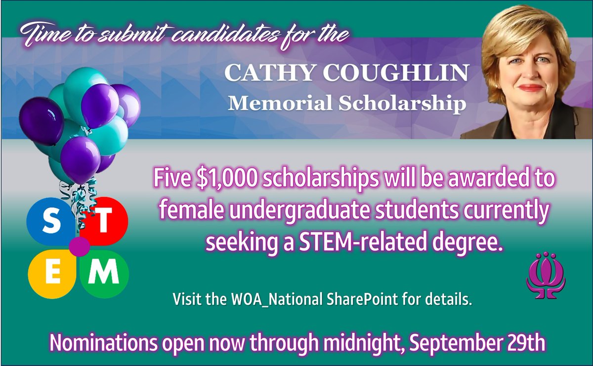 ⏰The Women of AT&amp;T 2023 Cathy Coughlin Memorial Scholarship is underway!  Five $1000 scholarships will be awarded to 5 female undergraduate students currently seeking a STEM-related degree. Open until midnight ET Sept 29, 2023. 💜 #WOAScholarships #womenofatt