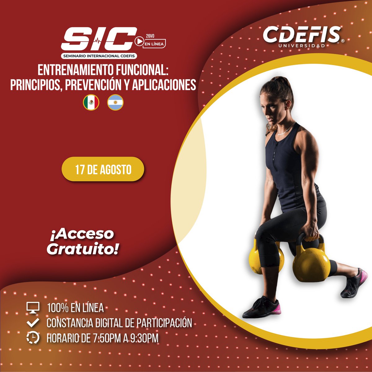 UniCDEFIS's tweet photo. 💪🌍 ¡Domina el Entrenamiento Funcional en nuestro SEMINARIO INTERNACIONAL! Descubre PRINCIPIOS clave, PREVENCIÓN avanzada y APLICACIONES impactantes. ¡Es gratuito y es para ti! 🚀🏋️‍♀️ #EntrenamientoFuncional #SeminarioInternacional #gratis https://t.co/cZLN495vck