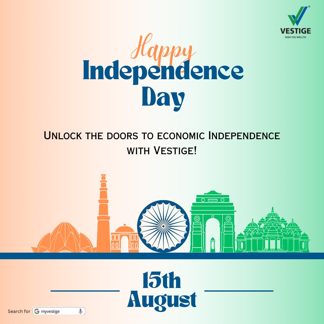 Celebrate India's journey to economic independence this #IndependenceDay! With Vestige by your side, you're not just achieving wellth, but also creating your path towards financial freedom.  #WishYouWellth #VestigeWellness #EconomicIndependence
