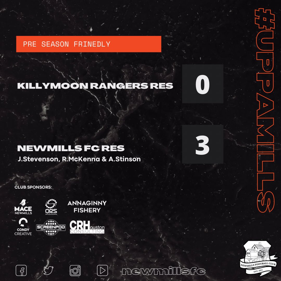 Newmills_FC's tweet photo. ⚽️ @Killymoon_FC FC Res 0 - 3 Newmills FC Res ⚽️
It was three first half goals that decided the game with a sumptuous R.McKenna free kick being the pick of the bunch. Thanks to Killymoon for the game and all the best for the season ahead. 
🟠⚫️ #uppamills ⚫️🟠 https://t.co/waQNz3XXNE