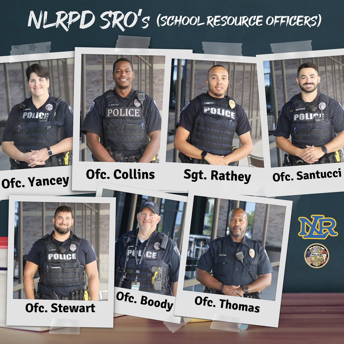 NLRPD's tweet photo. Meet your NLRPD School Resource Officers for the new 2023-2024 School Year! They are excited about this new year and can’t wait to get to know all of the amazing students we have in the NLR School District. We wish everyone a happy, healthy, & successful year! #NLRPD #NLRSD https://t.co/5bETgaesY1