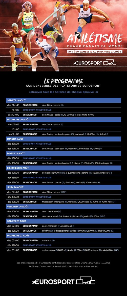 EnPleineLucarne's tweet photo. Programmation TV sur Eurosport des Championnats du monde d'athlétisme à partir de ce WE 👇
Commentaire : @Berti_Milliard, @FXDECHATEAUFORT, @scaristan, @DinizYohann, JB Protais, et  @Elisa_Lukawski aux interviews.
« Eurosport Athletic Club », avec @oliviercanton et @scaristan. https://t.co/yPkp7h97KP