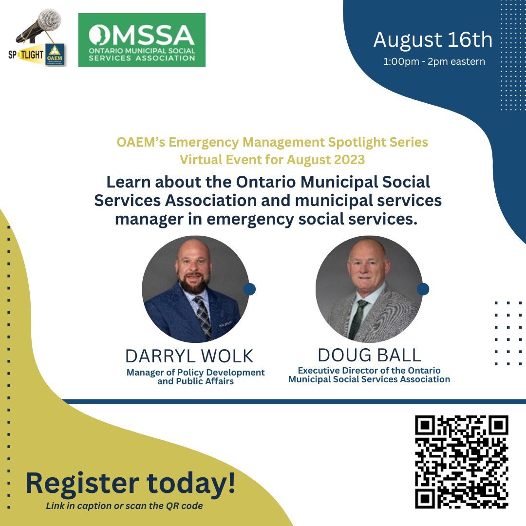 📢Register for the virtual Spotlight event happening Wednesday, August 16th at 1:00 pm Eastern! Spots are limited, please register using the links or by scanning the QR code!

👉 Register here: mms.oaem.ca/members/evr/re…

#emergencymanagement #ontario #oaem
