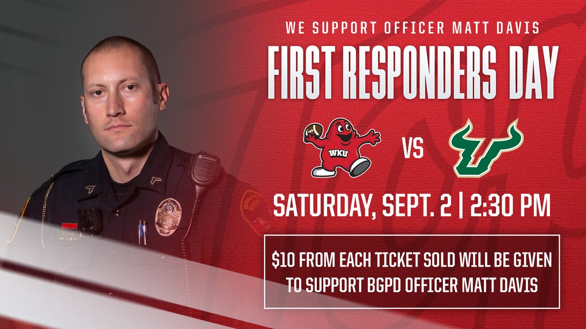 WKUSports's tweet image. Help us support Officer Matt Davis! 

For every ticket bought from the link below to our season opener vs. USF, $10 will be donated to Officer  Davis, who was injured in the line of duty on July 6 and continues his long road to recovery.

🎟️ fevo.me/wesupportoffic…

#GoTops