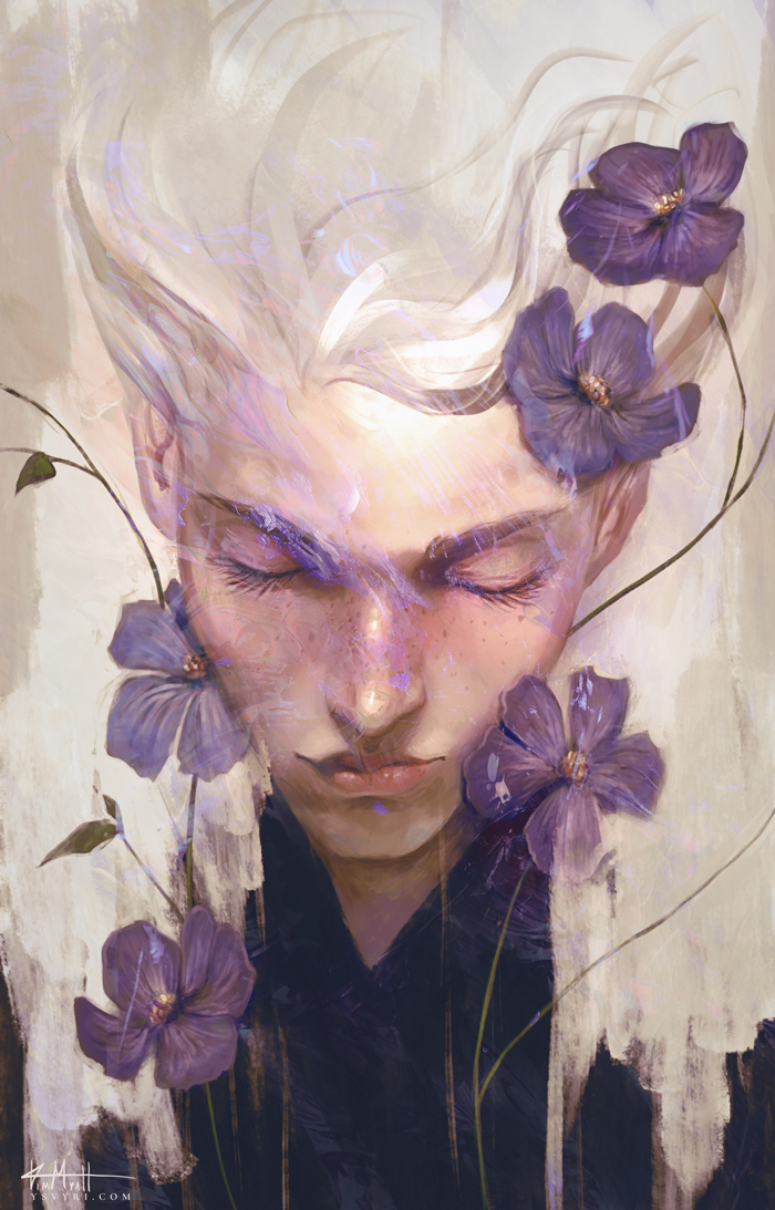 flower solo closed eyes freckles white hair purple flower hair flower  illustration images