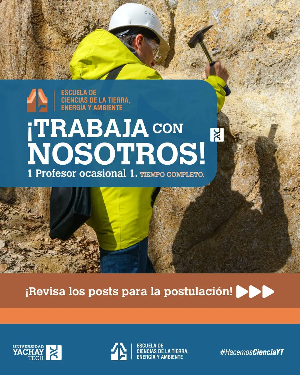 UniYachayTech's tweet photo. #Convocatoria| ¿Quieres formar parte de nuestra universidad? ¡Trabaja con nosotros en la Escuela de Ciencias de la Tierra Energía y Ambiente ! ¡Postula hasta el 18 de Agosto!    🔦💡📚

#SomosYachayTech 

Info:  ⬇️

https://t.co/EidixREjsz https://t.co/ChdAIpL4Ha