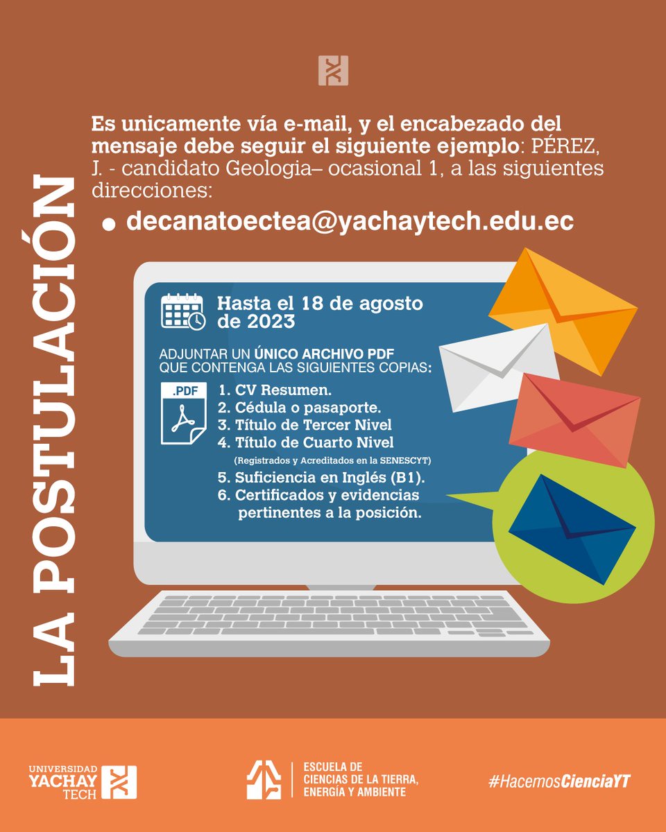 UniYachayTech's tweet photo. #Convocatoria| ¿Quieres formar parte de nuestra universidad? ¡Trabaja con nosotros en la Escuela de Ciencias de la Tierra Energía y Ambiente ! ¡Postula hasta el 18 de Agosto!    🔦💡📚

#SomosYachayTech 

Info:  ⬇️

https://t.co/EidixREjsz https://t.co/ChdAIpL4Ha