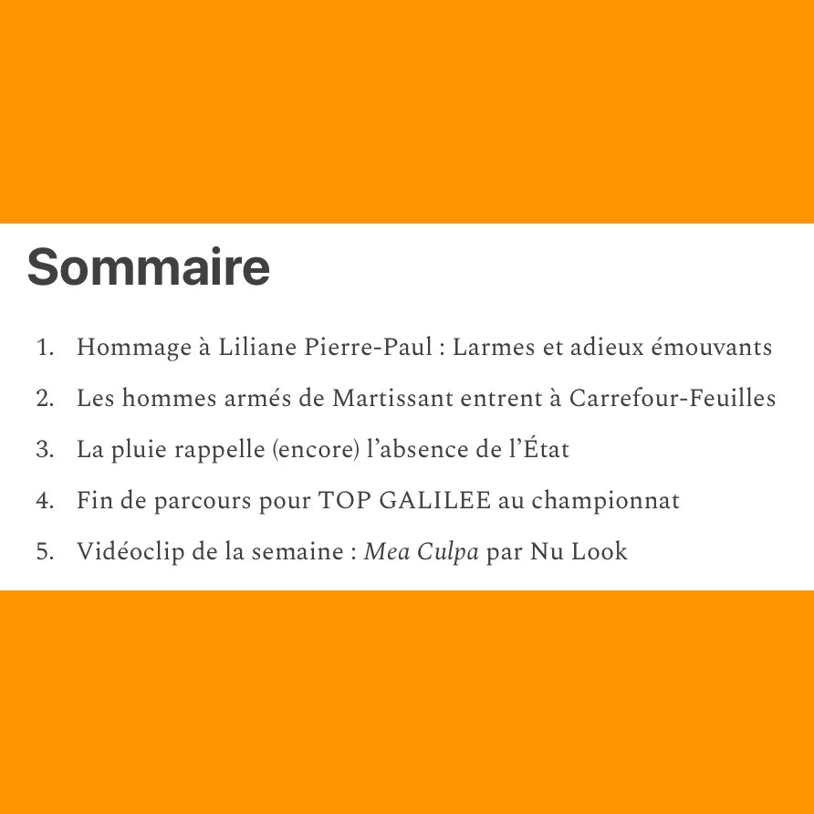 Tout aktyalite semèn nan: adye Liliane Pierre-Paul, mesye ak zam antre nan Kafoufèy, lapli a raple absans Leta epi se fini pou TOP GALILEE. Tout bagay sa yo ak plis ankò nan Infolettre DÈYÈ MÒN ENFO #19. Lenk nan byo.