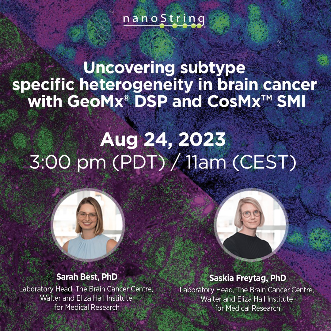 brukerspatial's tweet image. Join us for an exciting webinar on August 24, 2023, where we&apos;ll uncover subtype-specific heterogeneity in brain cancer with GeoMx DSP and CosMx SMI bit.ly/3QEKDxP.

🕚 Mark your calendars:
11 AM CEST
3 PM PDT, with LIVE Q&amp;amp;A

#spatialmultiomics #singlecellimaging
