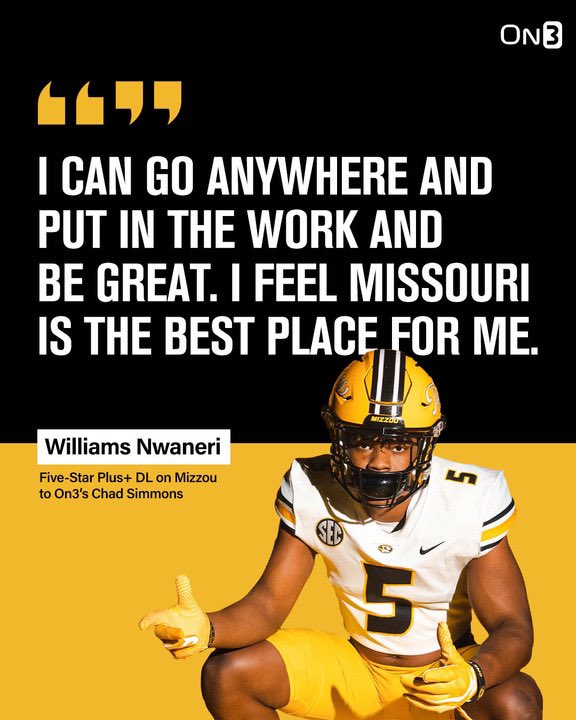 Breaking: Five-Star Plus+ DL Williams Nwaneri commits to Missouri over Georgia, Oklahoma, Oregon and Tennessee. Nwaneri details his decision: on3.com/college/missou…