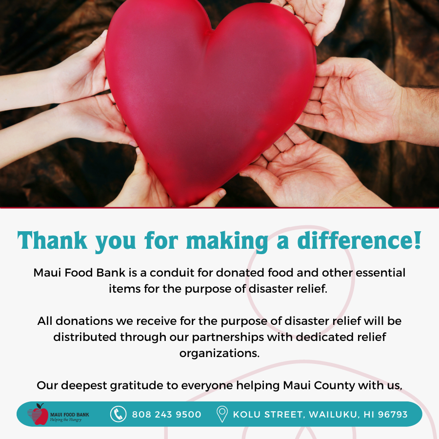 MauiFoodBank's tweet photo. Maui Food Bank is a conduit for donated food and other essential items for the purpose of disaster relief.  

We welcome everyone who wishes to work with us. View ways to get involved on our website: https://t.co/aHESaKDNr3

#Maui #MauiFoodBank #HelptheHungry #ThankYou https://t.co/Pw6LJsA6sg