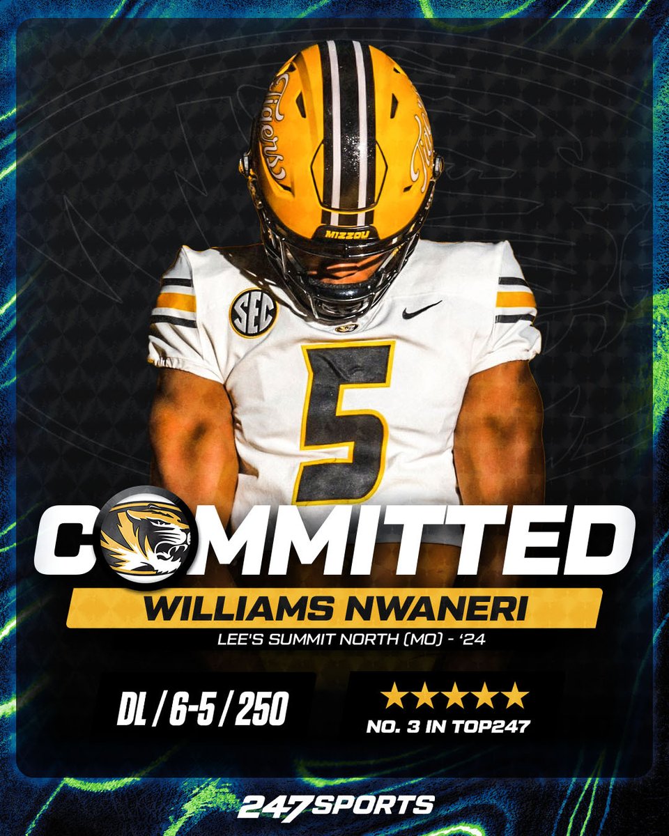 247Sports's tweet photo. BREAKING: 5⭐️ DL Williams Nwaneri has committed to Missouri 🏈
The Lee's Summit North (MO.) is the No. 1 DL in the Class of 2024.
MORE: https://t.co/wBY5iIloZz https://t.co/QSqeo5Hkrv