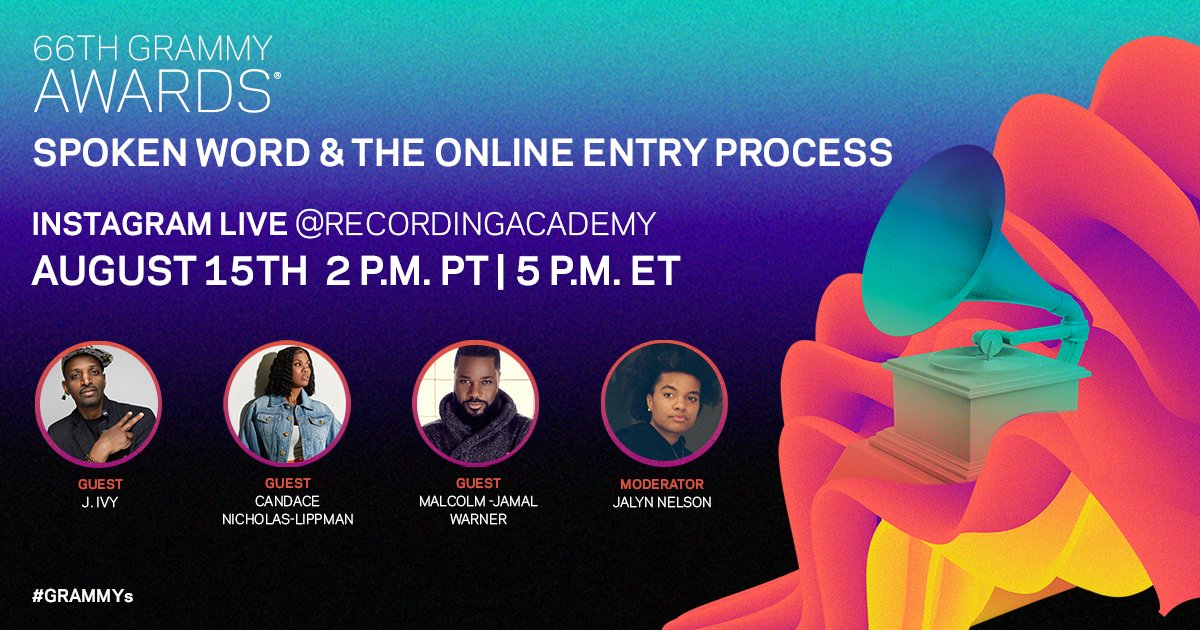 🎶 Join us tomorrow, August 15th at 2 p.m. PT / 5 p.m. ET, for an IG Live conversation hosted by @RecordingAcad, moderated by #RecordingAcademy’s @JalynNelson, with guests @candacethepoet, @j_ivy, and @malcolmjamalwar. 📆 Set a reminder! #GRAMMYs